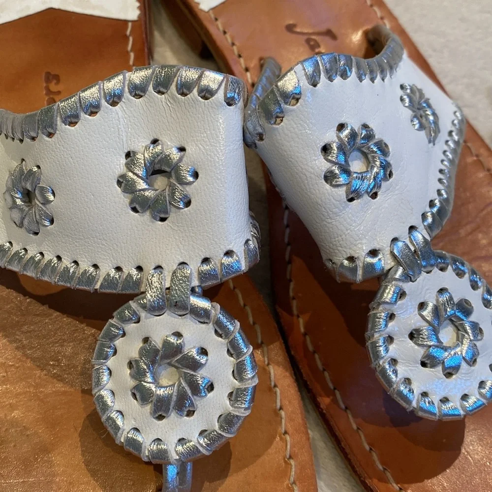 Jack Rogers Navajo White silver whipstitch leather sandals Sz 10 M - Picture 2 of 9